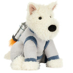 Jellycat’s Munro Scottie Dog Space Outfit is a plush dog toy in a gray spacesuit with blue trim and a silver rocket pack—ideal for fans of the Scottie Dog Space Outfit or anyone imagining a Scotspup space adventure.