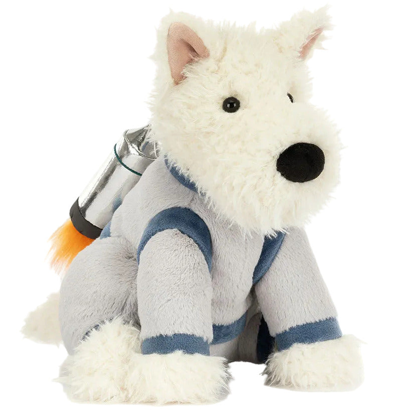Jellycat’s Munro Scottie Dog Space Outfit is a plush dog toy in a gray spacesuit with blue trim and a silver rocket pack—ideal for fans of the Scottie Dog Space Outfit or anyone imagining a Scotspup space adventure.