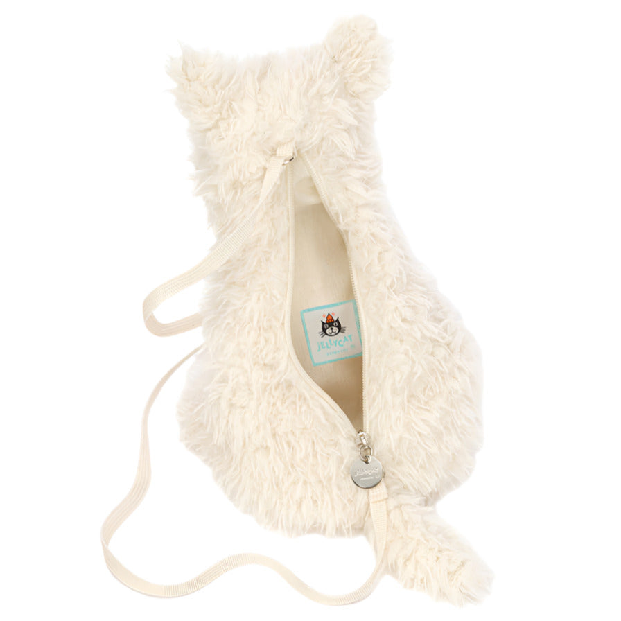 The Munro Scottie Dog Bag by Jellycat is a small, furry cream crossbody shaped like a dog with pointed ears, an open zipper, and a fabric label inside—perfect for playful adventure-seekers.