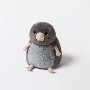 The Muswell Mole by Jellycat is a round, plush toy with a grey body, light grey belly, beige arms, feet, and nose, plus black stitched eyes—ready to join your adventures as it sits on a plain white background.