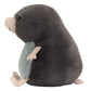 The Jellycat Muswell Mole is a plush toy featuring dark grey fur, a light grey belly, and pale pink limbs, designed to resemble the cave tour guide character in a side profile view.