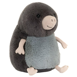 Muswell Mole by Jellycat is a plush toy with a round, fluffy grey body, lighter grey belly, and beige details—perfect as your cuddly cave tour guide or companion for subterranean adventures in London.