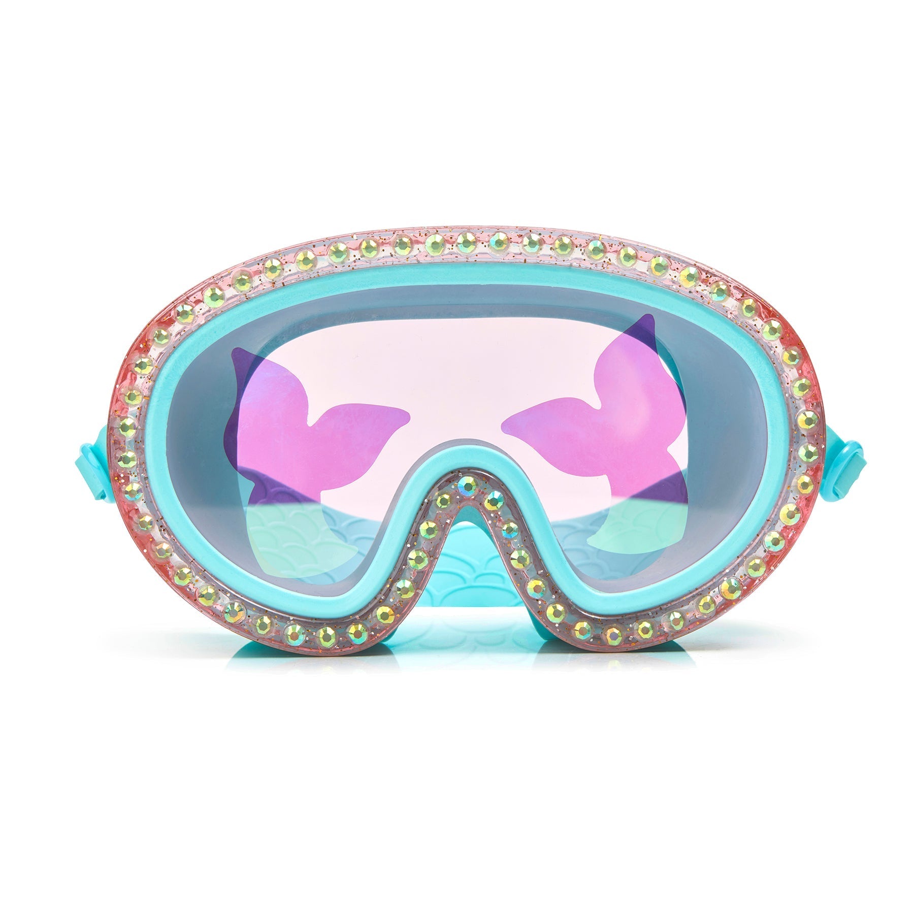 The Bling2o Sea Swim Mask by Bling2O comes in turquoise with pink butterfly designs on the lenses and features rhinestone embellishments around the border, providing UV protection for your eyes.