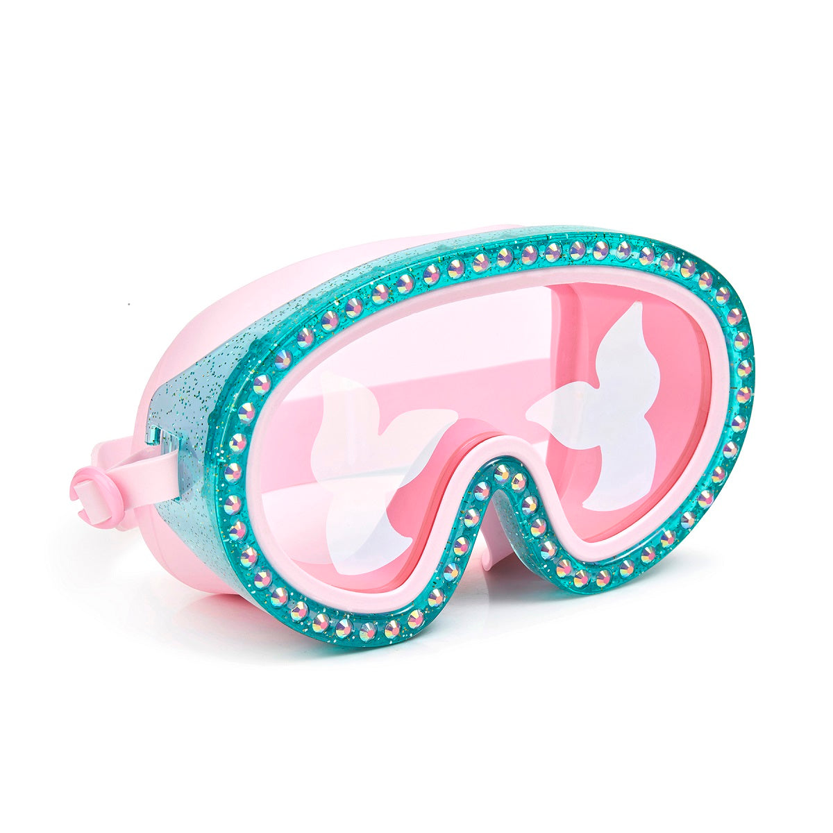 The Bling2o Sea Swim Mask by Bling2O is a pink and teal mask embellished with glitter and butterfly stickers, perfect for magical underwater adventures.