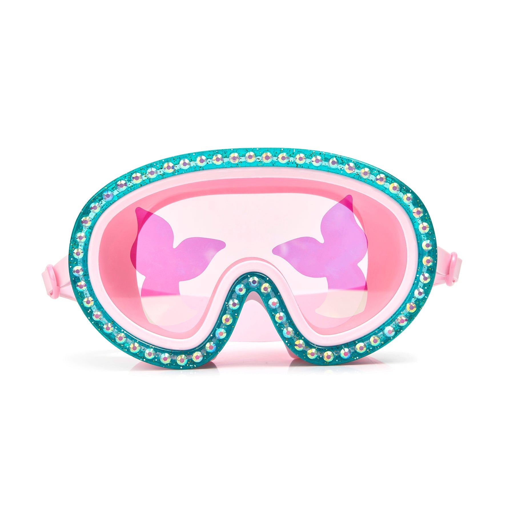 The Bling2o Sea Swim Mask by Bling2O features pink and teal colors, rhinestone trim, and butterfly-shaped lenses, all while providing UV protection—perfect for sunny days at the pool.