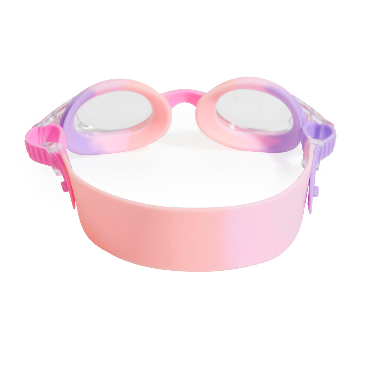 A pair of Bling2O Kids' Tiny Girl Swim Goggles featuring pink and purple frames with a pink adjustable strap, displayed on a white background. These anti-fog swim goggles are designed for toddlers, ensuring comfortable and clear water play.
