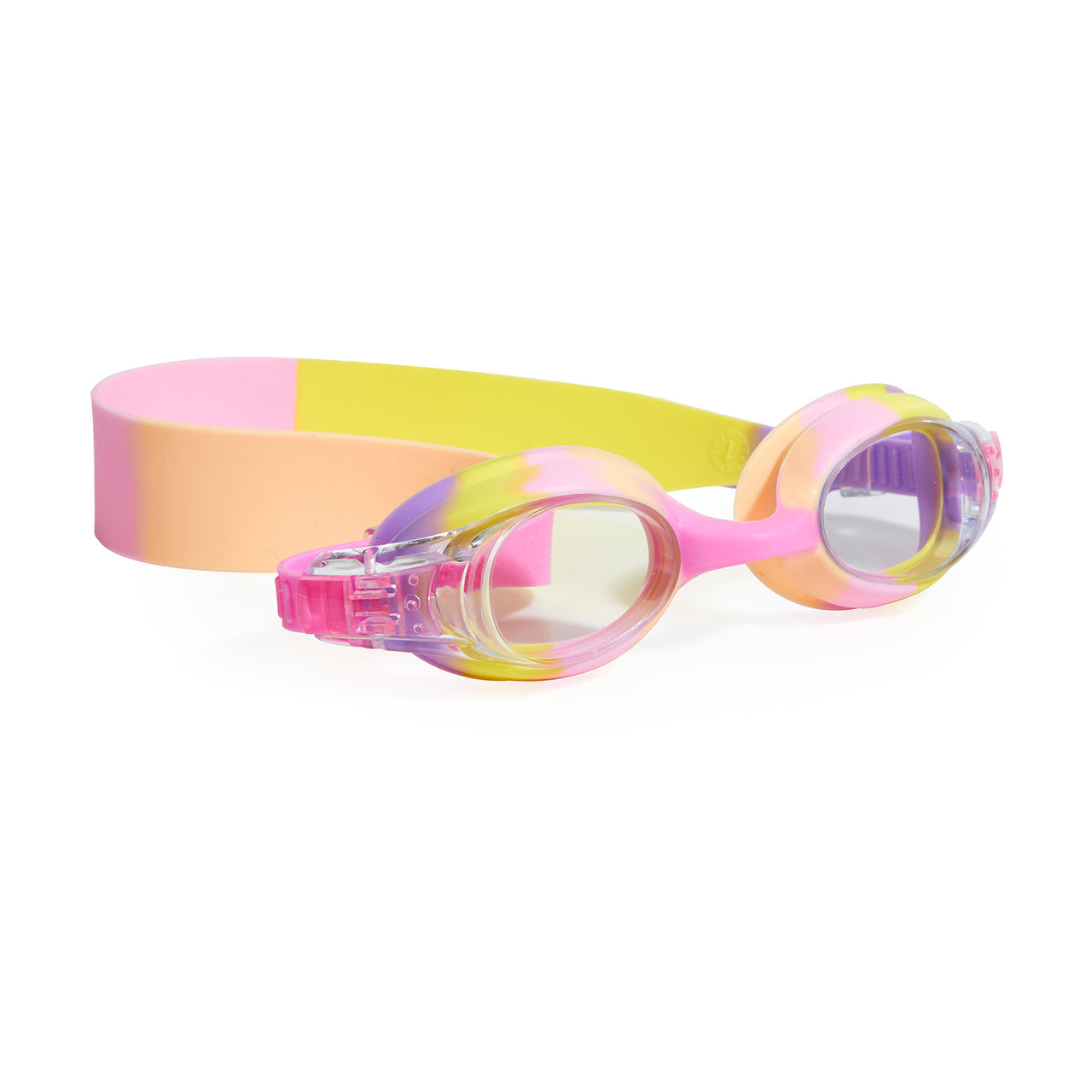 The Bling2O Kids' Tiny Girl Swim Goggles are multicolored toddler goggles with pink, yellow, and purple accents. Designed for comfortable waterplay, they feature clear anti-fog lenses and a wide silicone strap. Shown against a white background.