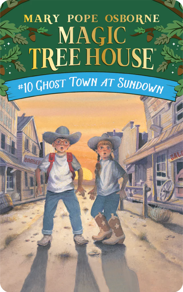 Cover of "Yoto Card: The Magic Tree House Collection 2" by Yoto features two adventurous children in cowboy hats in an old western town at sunset, embarking on a thrilling journey to support the Master Librarians.