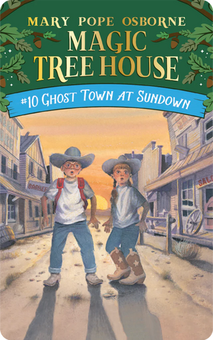 Cover of "Yoto Card: The Magic Tree House Collection 2" by Yoto features two adventurous children in cowboy hats in an old western town at sunset, embarking on a thrilling journey to support the Master Librarians.