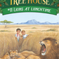 Cover image for "Yoto Card: The Magic Tree House Collection 2" by Yoto depicts two kids watching a lion with cubs in an African savannah, guided by the enigmatic Master Librarians.