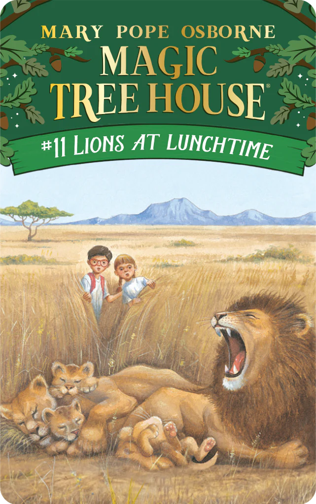 Cover image for "Yoto Card: The Magic Tree House Collection 2" by Yoto depicts two kids watching a lion with cubs in an African savannah, guided by the enigmatic Master Librarians.