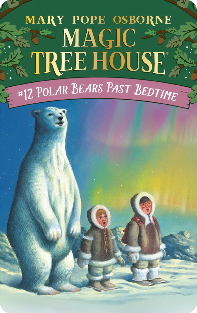 The Yoto Card for "The Magic Tree House Collection 2" by Yoto features thrilling adventures of young Master Librarians, dressed for winter and joined by a polar bear under the northern lights.