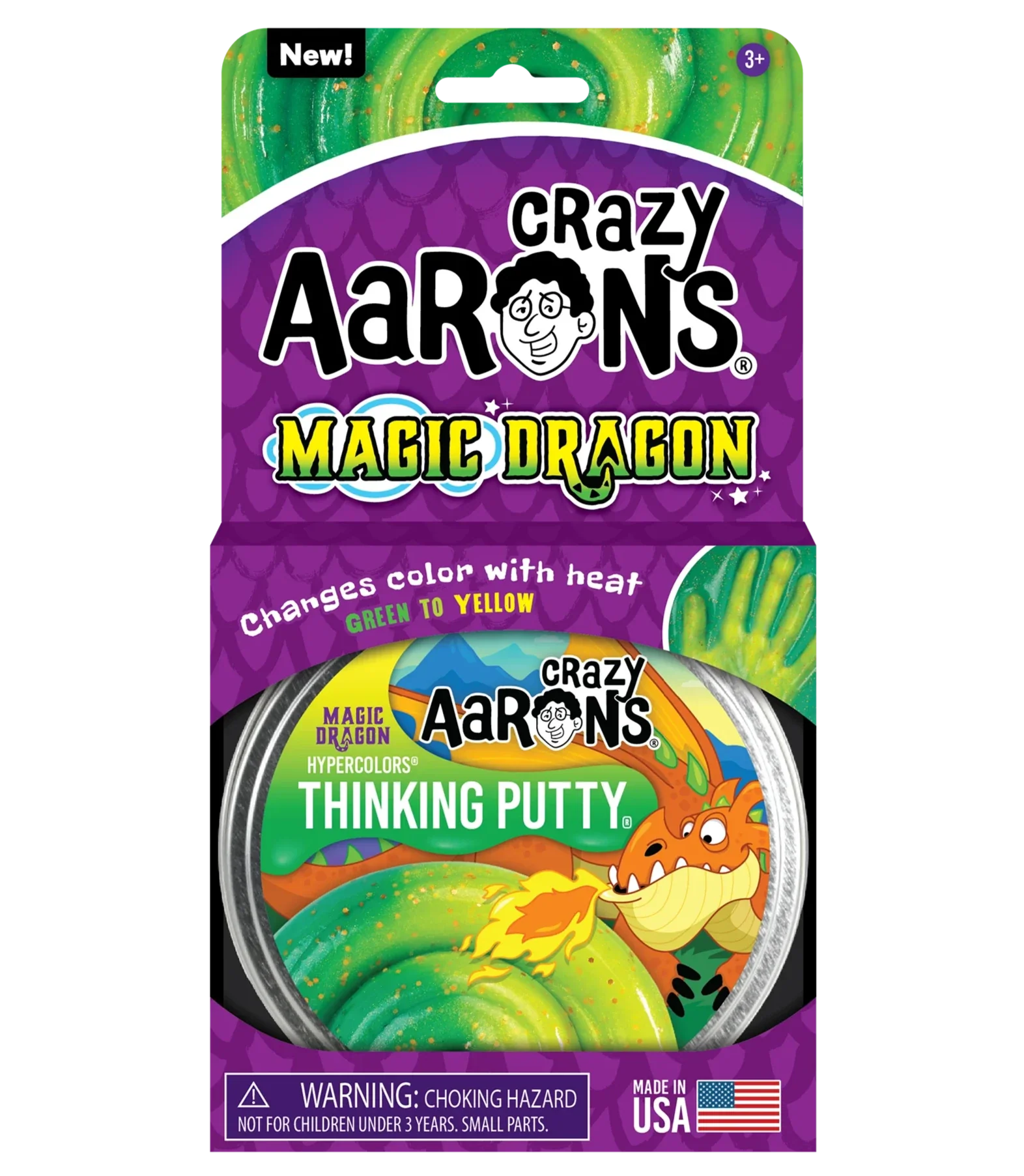 The packaging of Crazy Aaron's Thinking Putty from Crazy Aarons features bright green and yellow colors with a fun cartoon dragon. Made from non-toxic silicone, it aids in sensory integration. The package includes a choking hazard warning and prominently displays a Made in USA label.
