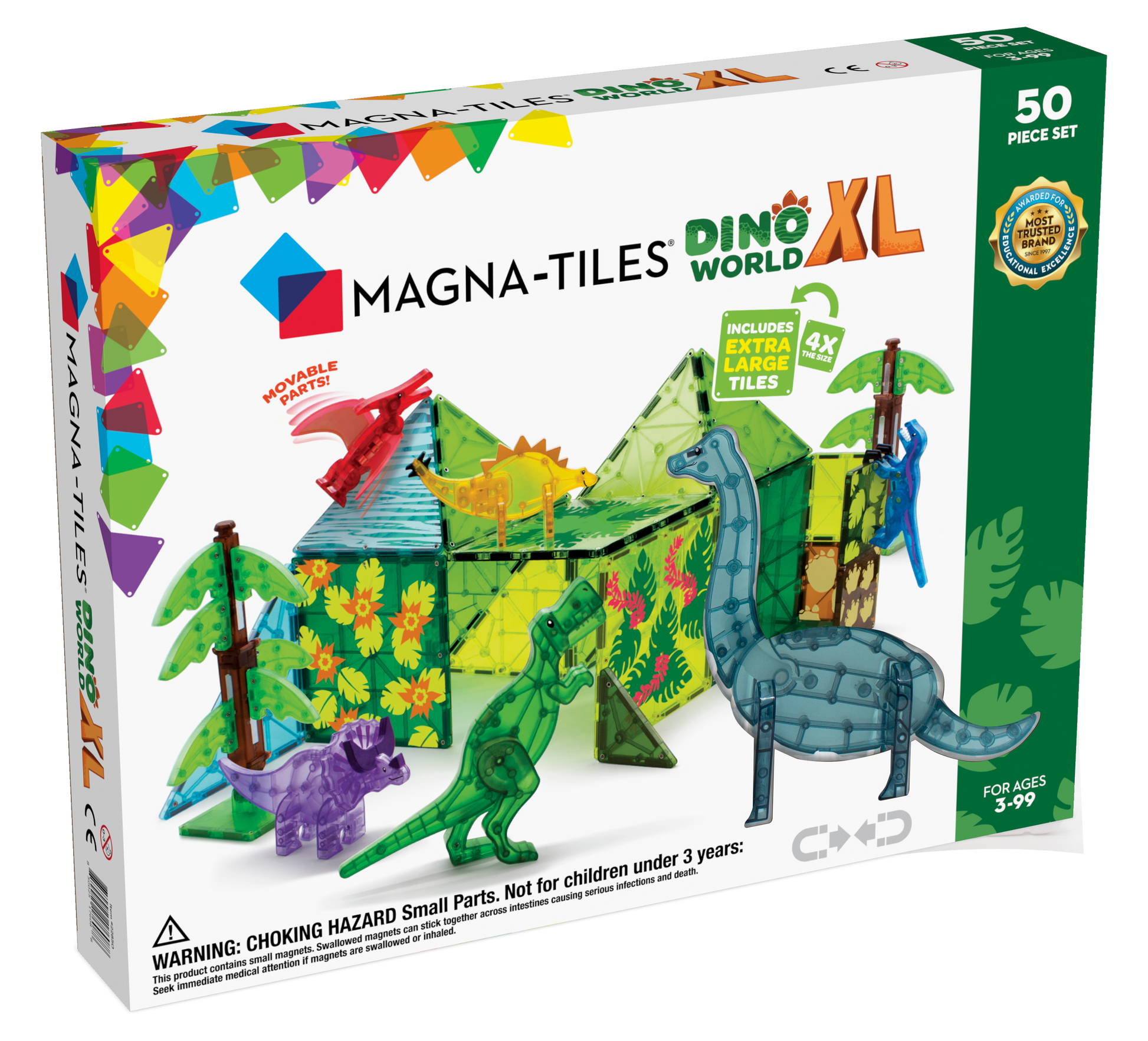 Magnatiles Dino World XL 50 Piece Set includes colorful magnetic tiles and dinosaur figurines. For ages 3-99. Choking hazard: not for children under 3.