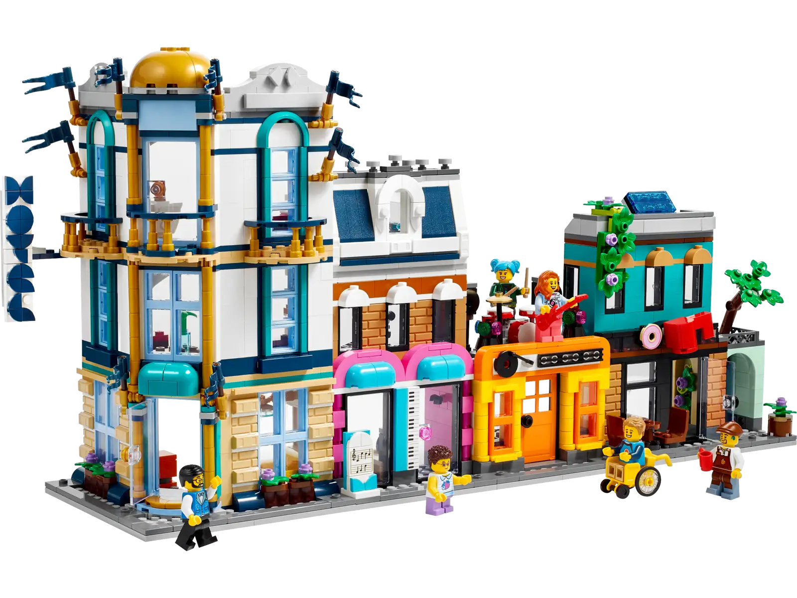 This vibrant LEGO® Creator Main Street from Legos - Toyhouse showcases a meticulously designed street scene complete with various shops, a café, and several minifigures engaging in front of the buildings. This 3in1 building toy offers endless creative possibilities for all ages.