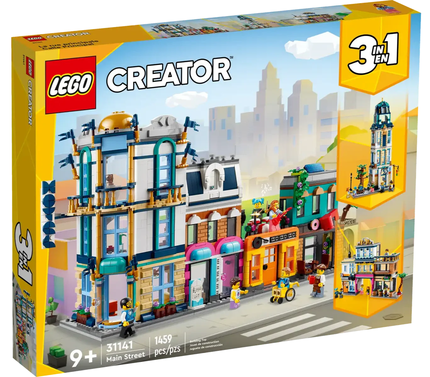 Box of LEGO® Creator Main Street, a 3-in-1 set from Legos - Toyhouse, featuring a detailed building scene with multiple configurations. Suitable for ages 9 and up, this building toy consists of 1,459 pieces.