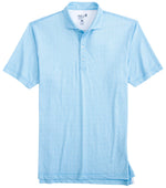 Introducing the Johnnie-O Island Times Polo by Johnnie-O: This light blue polo shirt showcases a subtle pattern, skillfully crafted from lightweight, moisture-wicking fabric. It boasts a classic collar and three-button design along with UPF 50 protection, perfect for your sunny day adventures.