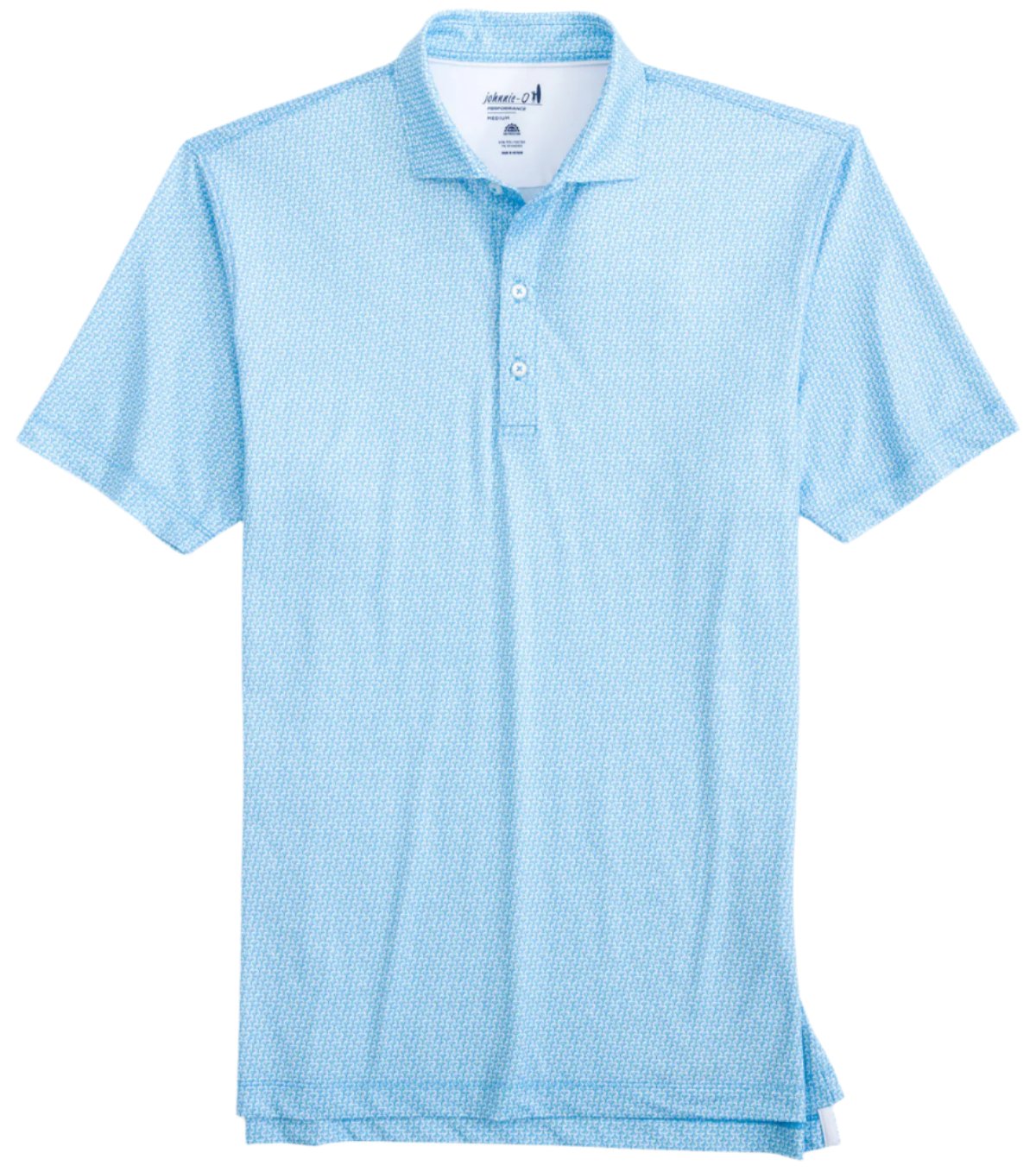 Introducing the Johnnie-O Island Times Polo by Johnnie-O: This light blue polo shirt showcases a subtle pattern, skillfully crafted from lightweight, moisture-wicking fabric. It boasts a classic collar and three-button design along with UPF 50 protection, perfect for your sunny day adventures.