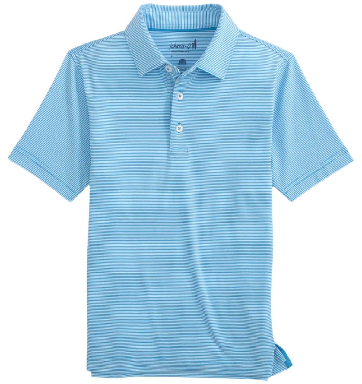 The Johnnie-O Lyndonn Polo, by the brand Johnnie-O, is a light blue striped polo shirt that features a collar and three buttons, crafted from lightweight, moisture-wicking fabric for maximum comfort.