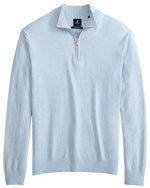 Displayed flat, the Johnnie-O Desmond Quarter Zip is a light blue sweater with ribbed cuffs and hem, crafted from a cotton-heavy blend.