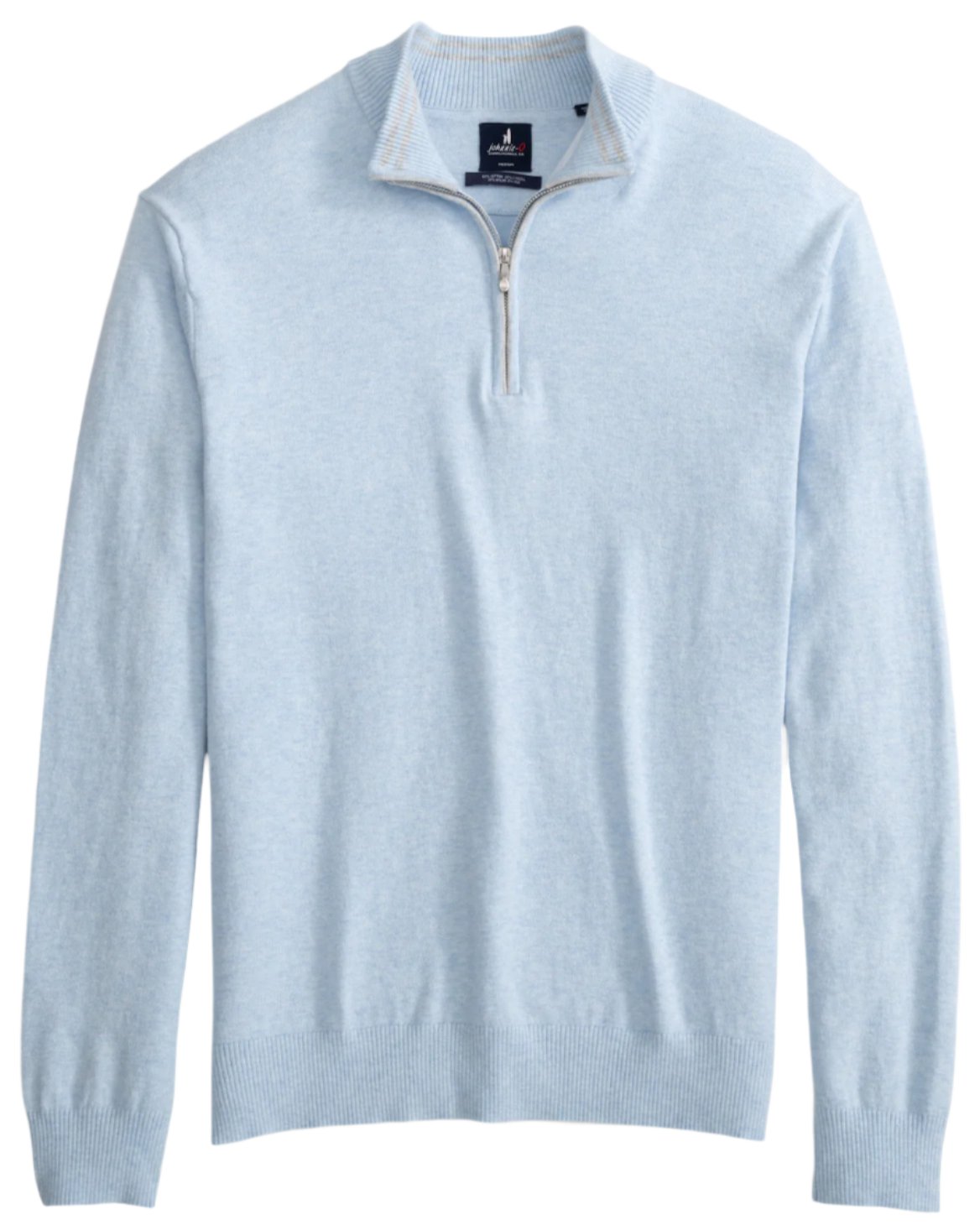 Displayed flat, the Johnnie-O Desmond Quarter Zip is a light blue sweater with ribbed cuffs and hem, crafted from a cotton-heavy blend.