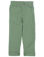 The Properly Tied Mallard Pant for kids are green, lightweight trousers from Properly Tied, featuring an elastic waistband, adjustable button closure, and rolled-up cuffs.