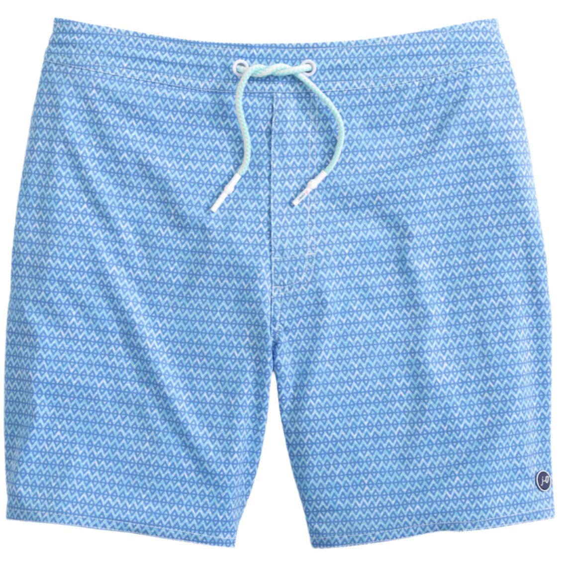 Light blue Johnnie-O Malta Swim Trunks with a small geometric pattern and drawstring waist, ideal for those who enjoy fun prints.