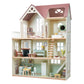 The Tender Leaf Toys Tender Leaf Mulberry Mansion is a charming three-story wooden dolls house featuring pastel colors and furnished rooms. It includes a kitchen, living area, bedroom, attic, and miniature furniture pieces.