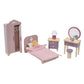 The Tender Leaf Mulberry Mansion by Tender Leaf Toys showcases a contemporary miniature bedroom set, including a bed, wardrobe, nightstand, lamp, vanity with mirror, and two hairbrushes. Decorated in pink and purple hues, it's an ideal addition to any wooden dolls house.