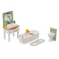 The Tender Leaf Mulberry Mansion by Tender Leaf Toys features a toy bathroom set that includes a sink, mirror, bathtub with a rubber duck, and a toilet. A bath mat is placed beside the items, making it perfect for any contemporary dolls house.