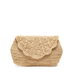 The Mar Y Sol Marcella Clutch is a stylish woven straw bag with a scalloped flap closure, ideal for summer soirées, shown against a plain white background.