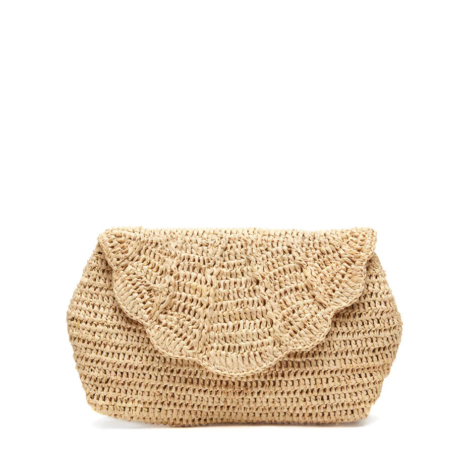 The Mar Y Sol Marcella Clutch is a stylish woven straw bag with a scalloped flap closure, ideal for summer soirées, shown against a plain white background.