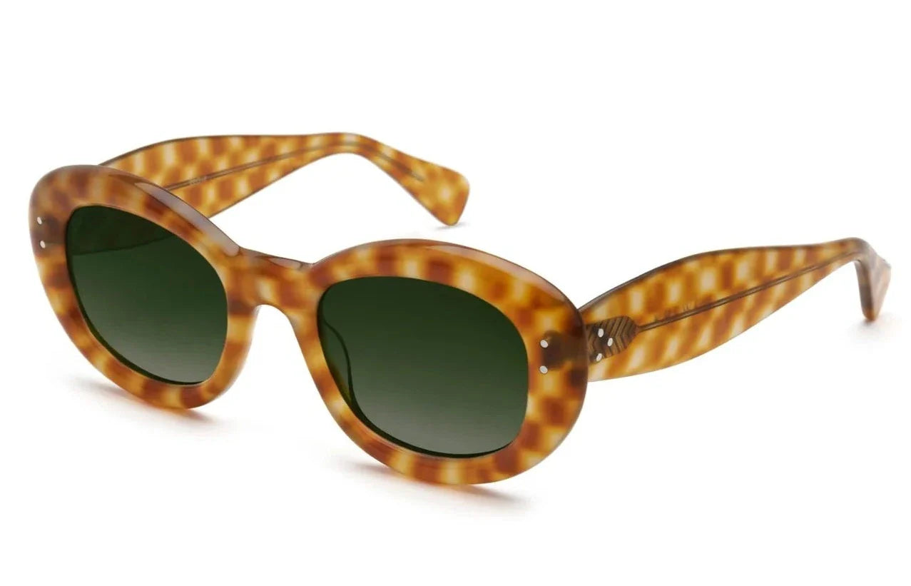 The Krewe Margaret sunglasses by Krewe showcase tortoise-shell bubble frames, round green lenses, and thick, stylish design. They provide complete UVA and UVB protection for optimal eye safety when viewed from a slight angle.