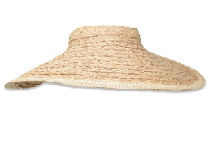 The Gigi Burris Margot Visor, a wide-brimmed woven straw hat with an open top, is beautifully displayed against a white background, exemplifying the art of millinery at its finest.