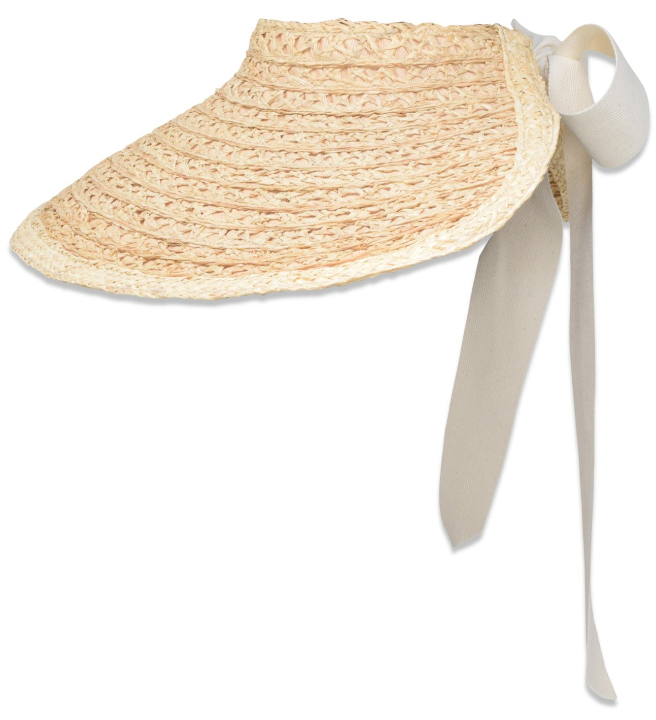 The Gigi Burris Margot Visor, designed by Gigi Burris, is an expertly crafted woven straw visor featuring a wide brim and a beige fabric tie at the back.