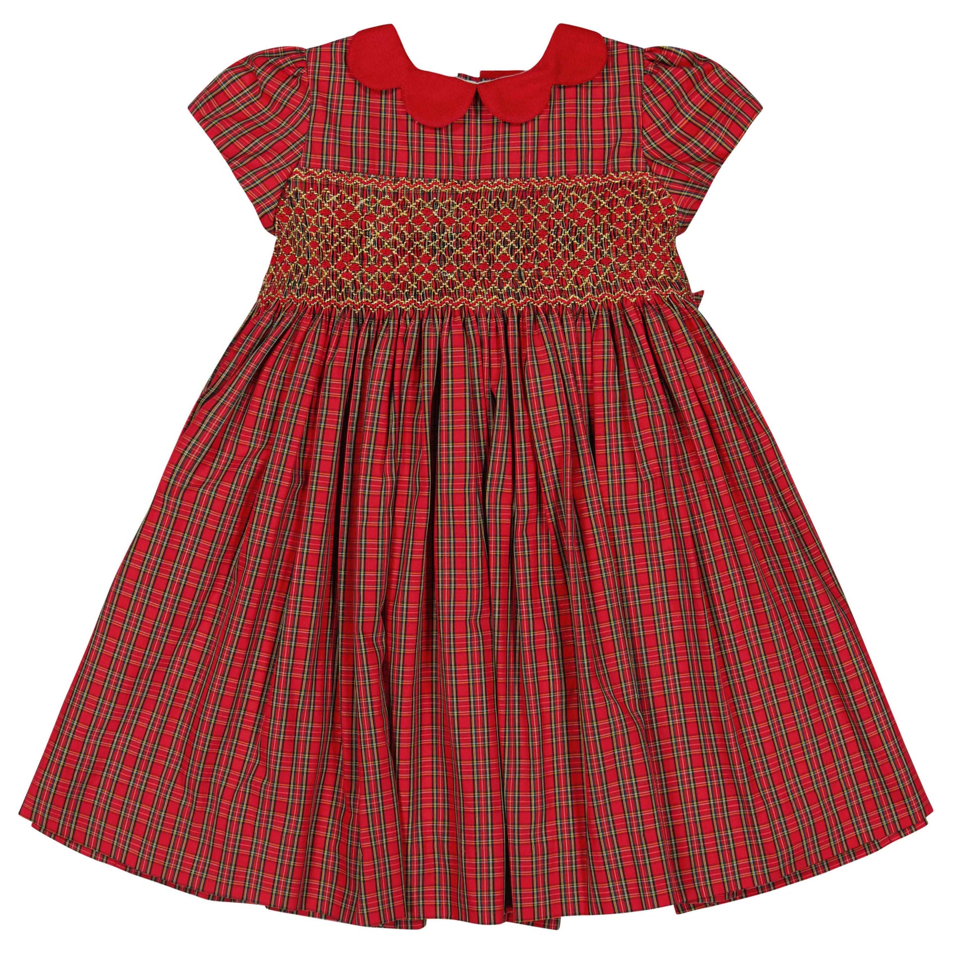 The Antoinette Baby Girls' and Girls' Marguerite Red Tartan Smocked Dress features a Peter Pan collar, smocked bodice, and pleated skirt—an ideal holiday season outfit—shown on a white background.