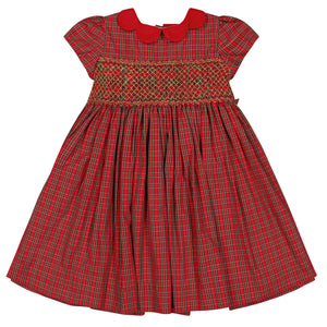 The Antoinette Baby Girls' and Girls' Marguerite Red Tartan Smocked Dress features a Peter Pan collar, smocked bodice, and pleated skirt—an ideal holiday season outfit—shown on a white background.