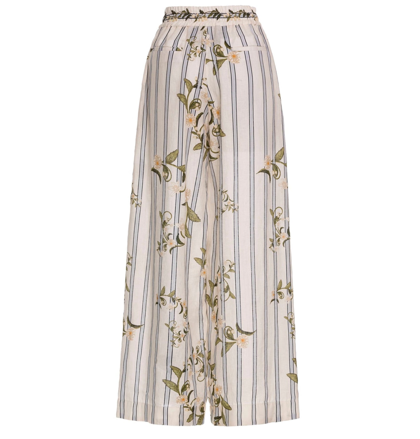 The Tota Pant by Agua By Agua Bendita features wide-leg, linen high-rise pants with vertical stripes and a green floral print on a light background, finished with a sleek zip fastening.