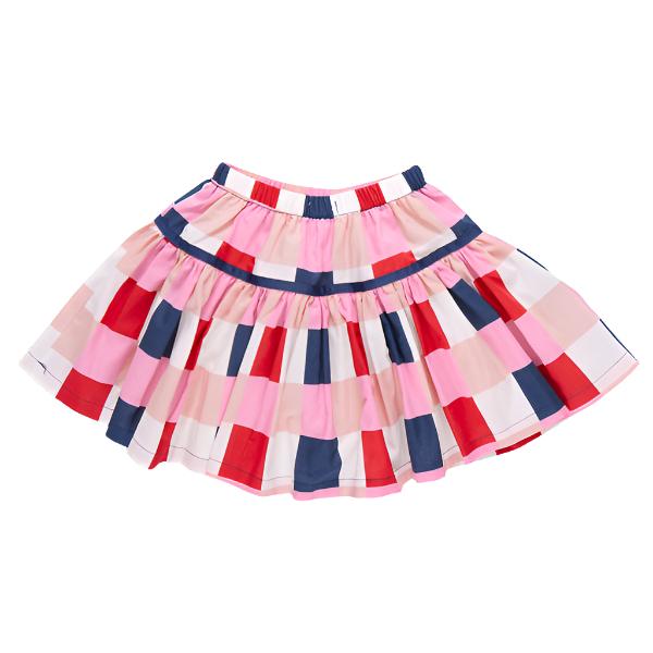 The Pink Chicken Girls' Maribelle Skirt by Pink Chicken is a vibrant plaid skirt that showcases a blend of pink, red, white, and navy blue squares. Its elastic waistband and knee-length, flared design make it an ideal choice for a Back to School Check.