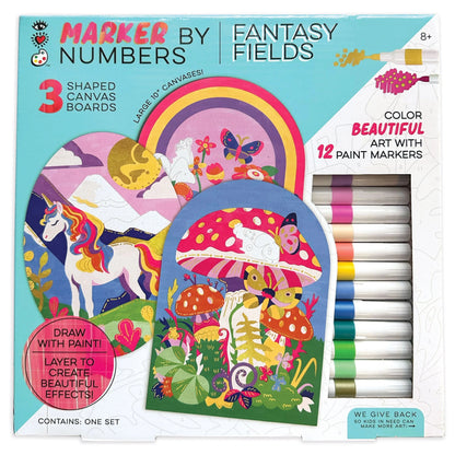 Experience a whimsical art adventure with the Bright Stripes Marker By Number kit. It includes 3 shaped canvas boards and 12 vibrant acrylic paint markers featuring fantasy fields of rainbows, unicorns, mushrooms, and animals. The package highlights layering and drawing techniques.