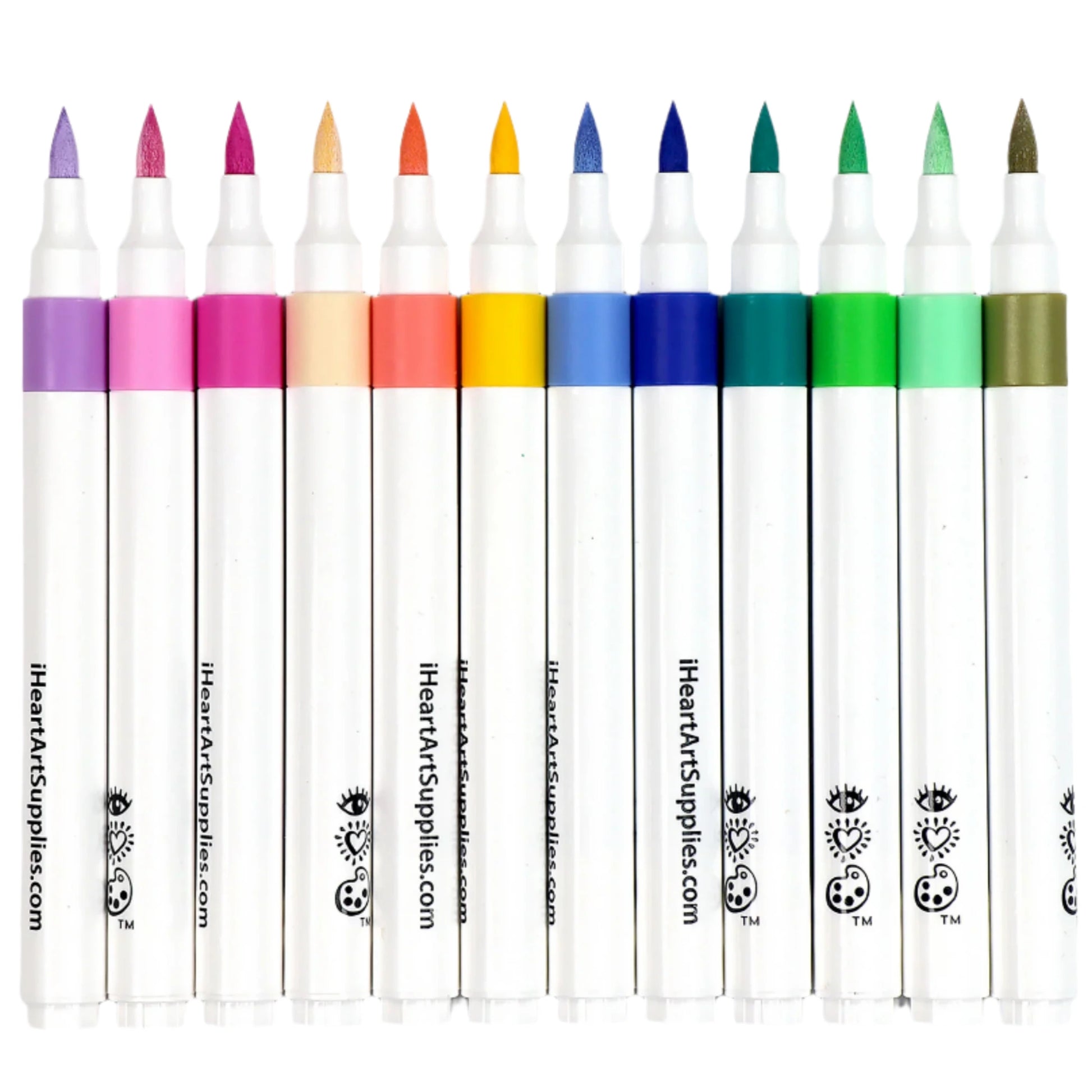 A set of 12 Bright Stripes Marker By Number acrylic markers, from pink to olive green, features white barrels and colored tips. These vibrant markers by Bright Stripes are perfect for fantasy fields or intricate designs.