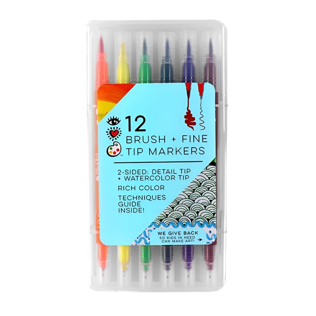 The Bright Stripes Brush and Fine Tip Markers set includes 12 dual-sided markers with brush and fine tips for vibrant artistic strokes, all in a transparent case featuring a colorful label.