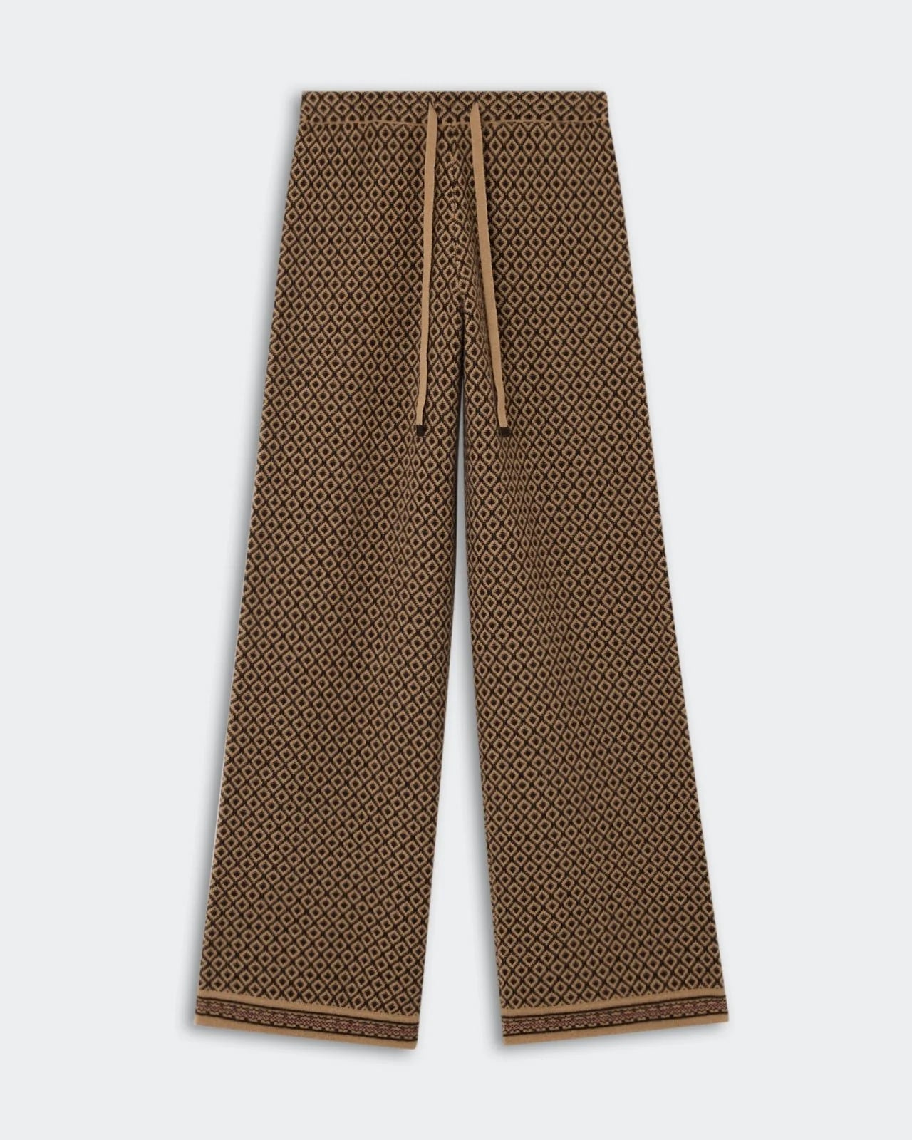 The Marquise Pant by Guest in Residence features a relaxed straight leg silhouette and a matching fabric belt, designed in brown with a repeating geometric diamond pattern, shown laid flat on a light background.