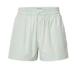 The Marvin Stripe Short by Rag & Bone is a light green, lightweight cotton short with vertical white and beige stripes, a relaxed fit, elastic waistband, and adjustable front drawstring.