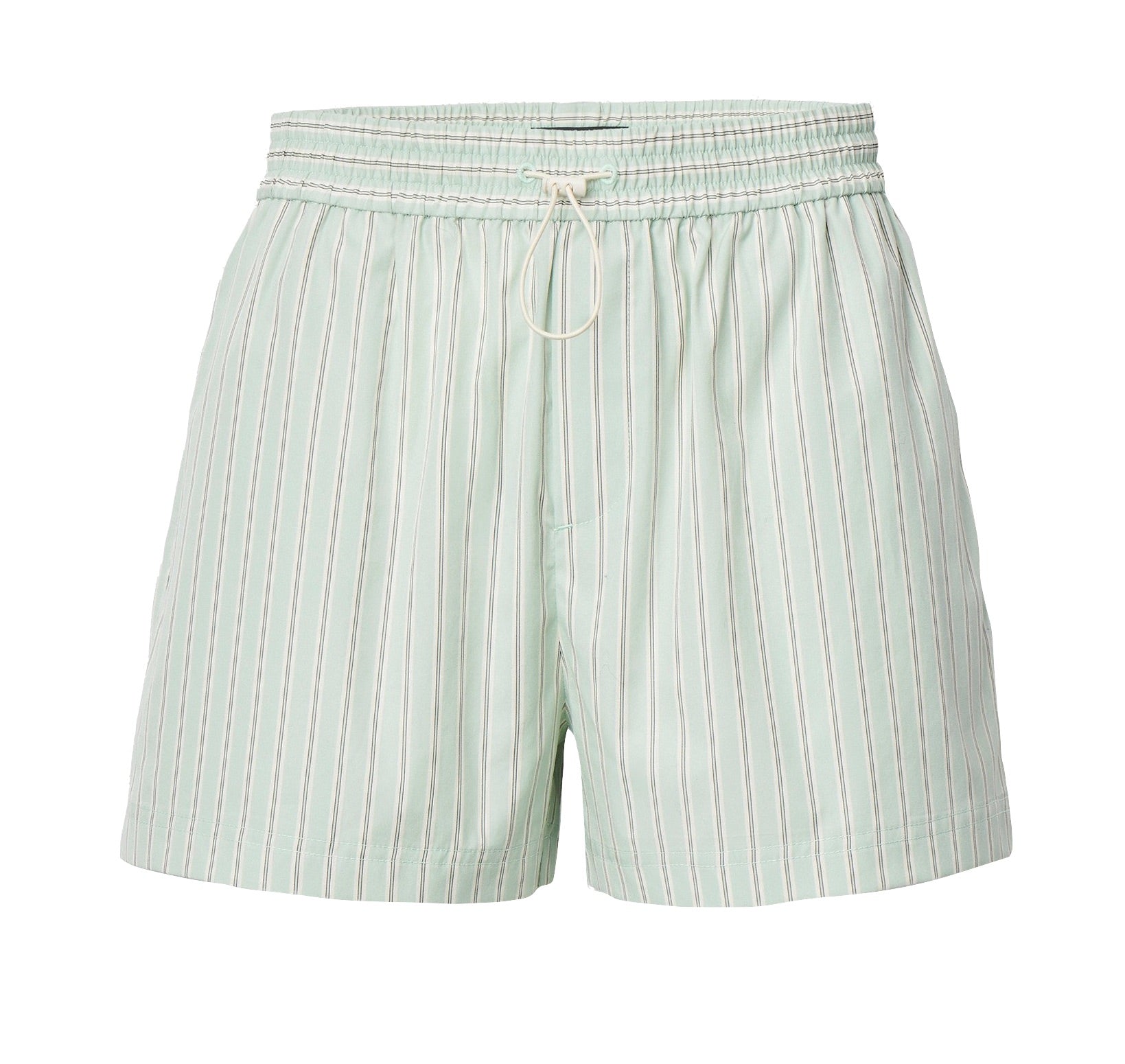 The Marvin Stripe Short by Rag & Bone is a light green, lightweight cotton short with vertical white and beige stripes, a relaxed fit, elastic waistband, and adjustable front drawstring.