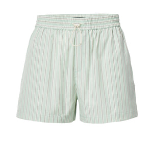 The Marvin Stripe Short by Rag & Bone is a light green, lightweight cotton short with vertical white and beige stripes, a relaxed fit, elastic waistband, and adjustable front drawstring.