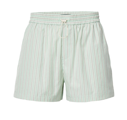 The Marvin Stripe Short by Rag & Bone is a light green, lightweight cotton short with vertical white and beige stripes, a relaxed fit, elastic waistband, and adjustable front drawstring.