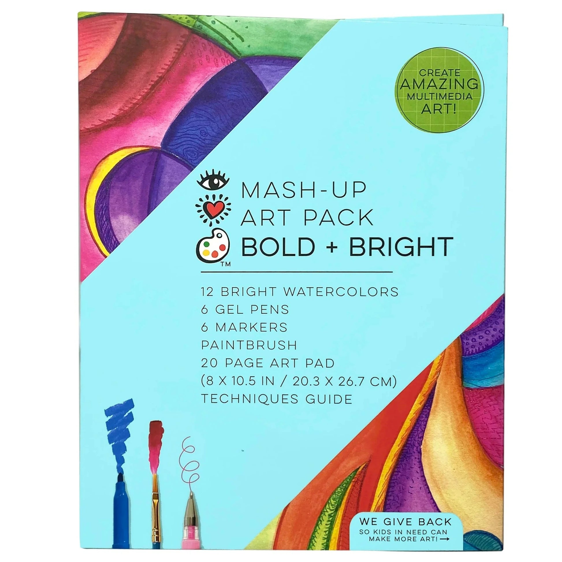 The "Bright Stripes Mash-Up Art Pack Bold + Bright" by Bright Stripes includes richly pigmented supplies: 12 watercolors, 6 gel pens, 6 markers, a paintbrush, a 20-page pad, and a guide. The vibrant abstract packaging features a convenient fold-up art portfolio.