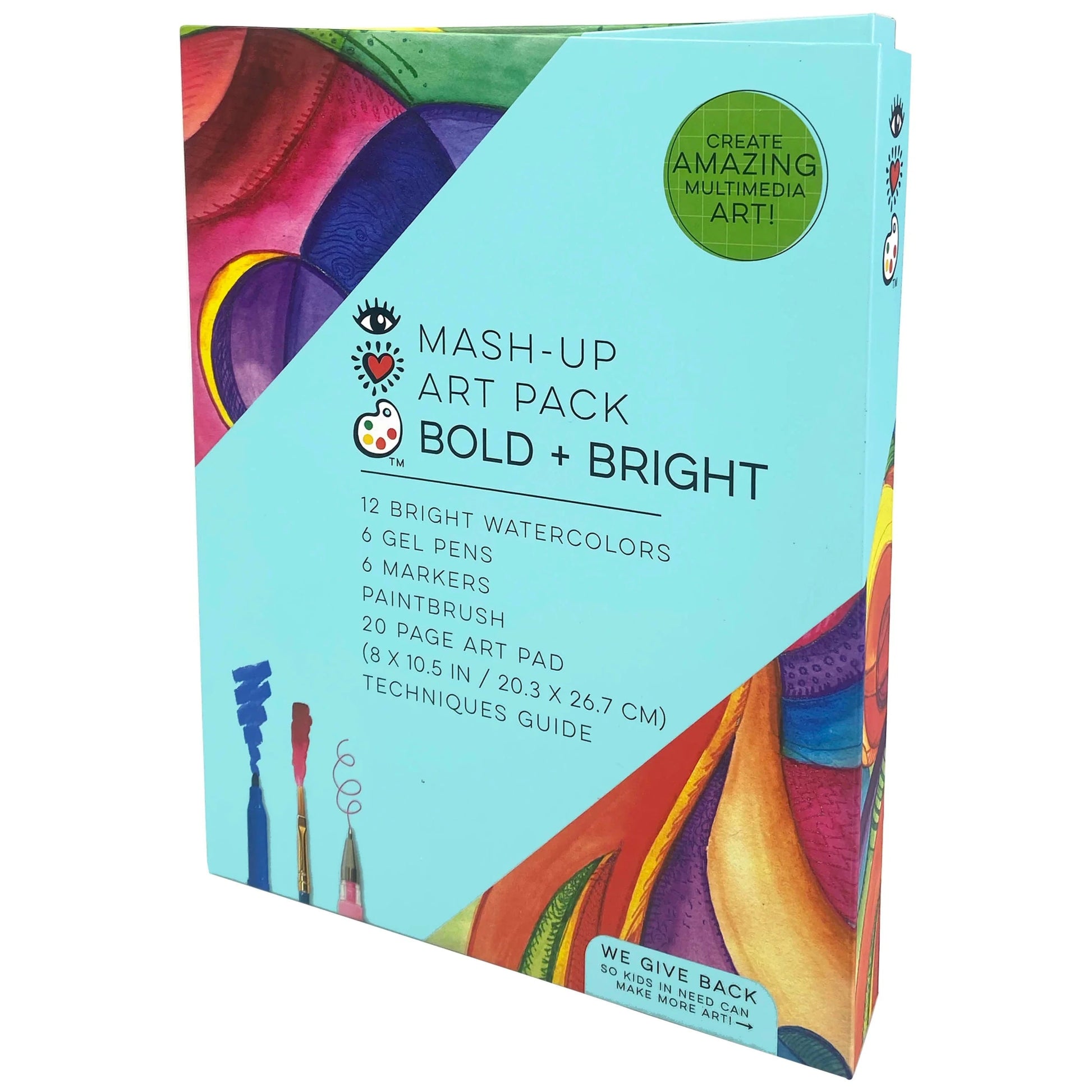 The Bright Stripes "Mash-Up Art Pack Bold + Bright" includes a fold-up portfolio with vibrant illustrations, 12 richly pigmented watercolors, 6 gel pens, 6 markers, a paintbrush, a 20-page art pad, and a techniques guide for creative exploration.