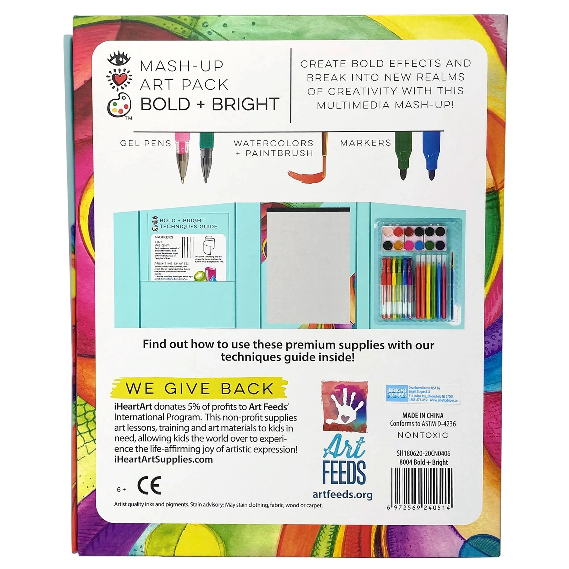 The Bright Stripes Mash-Up Art Pack Bold + Bright features vibrant gel pens, watercolors, brushes, markers, and a creative techniques guide. It supports Art Feeds International and comes in a fold-up art portfolio for easy supply storage.